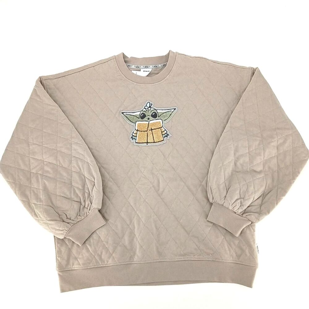 Disney Parks Star Wars Grogu Quilted Sweatshirt M Baby Yoda Taupe NWT